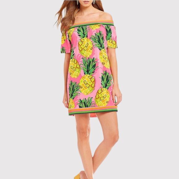 Trina Turk Womens Dress Pink Pineapple Kelso Off The Shoulder Mini Shift Large - Picture 1 of 13